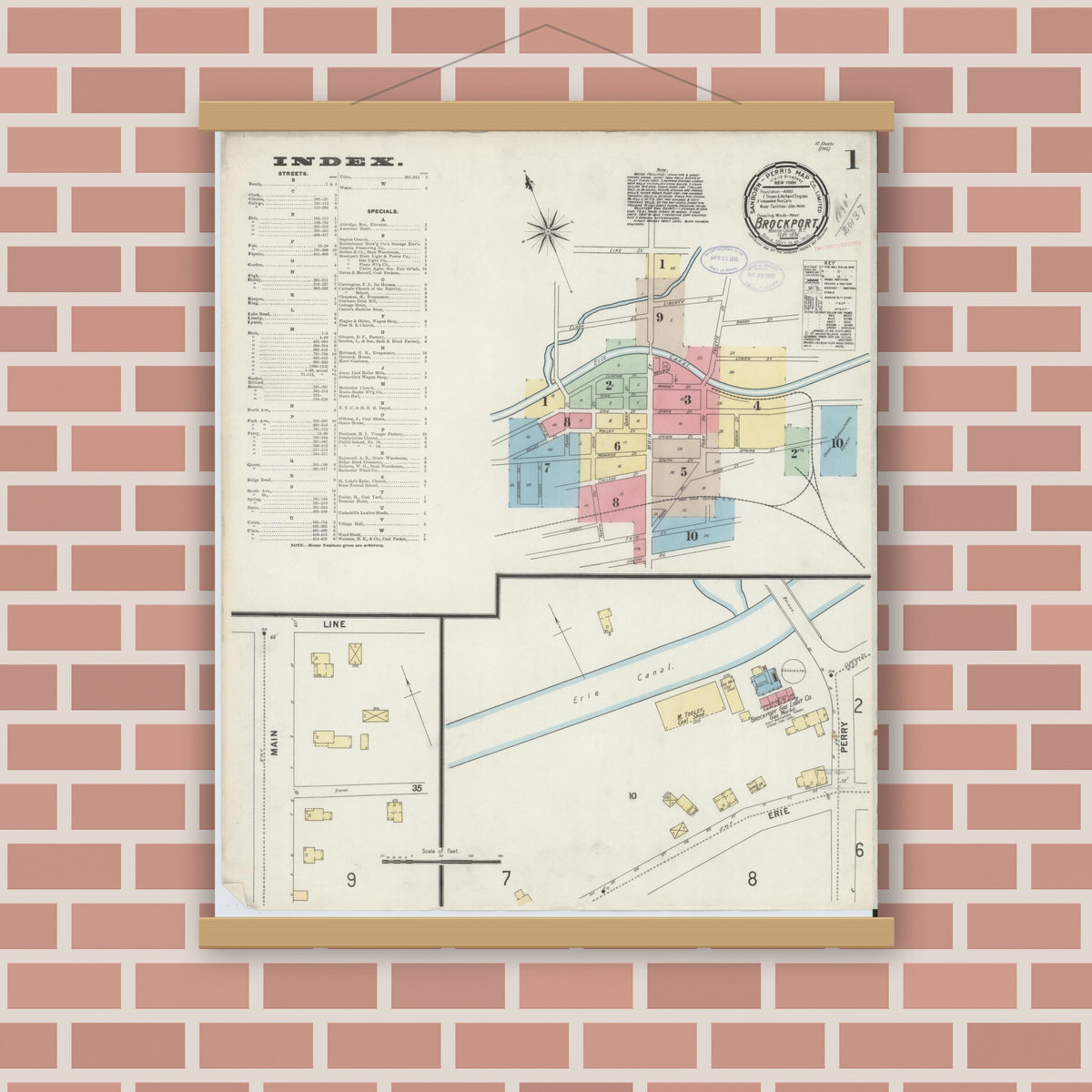Old map wall art mockup — magnetic wood frame on brick wall — Sanborn Fire Insurance Map from Brockport, Monroe County, New York (1898) - Complete Map Set