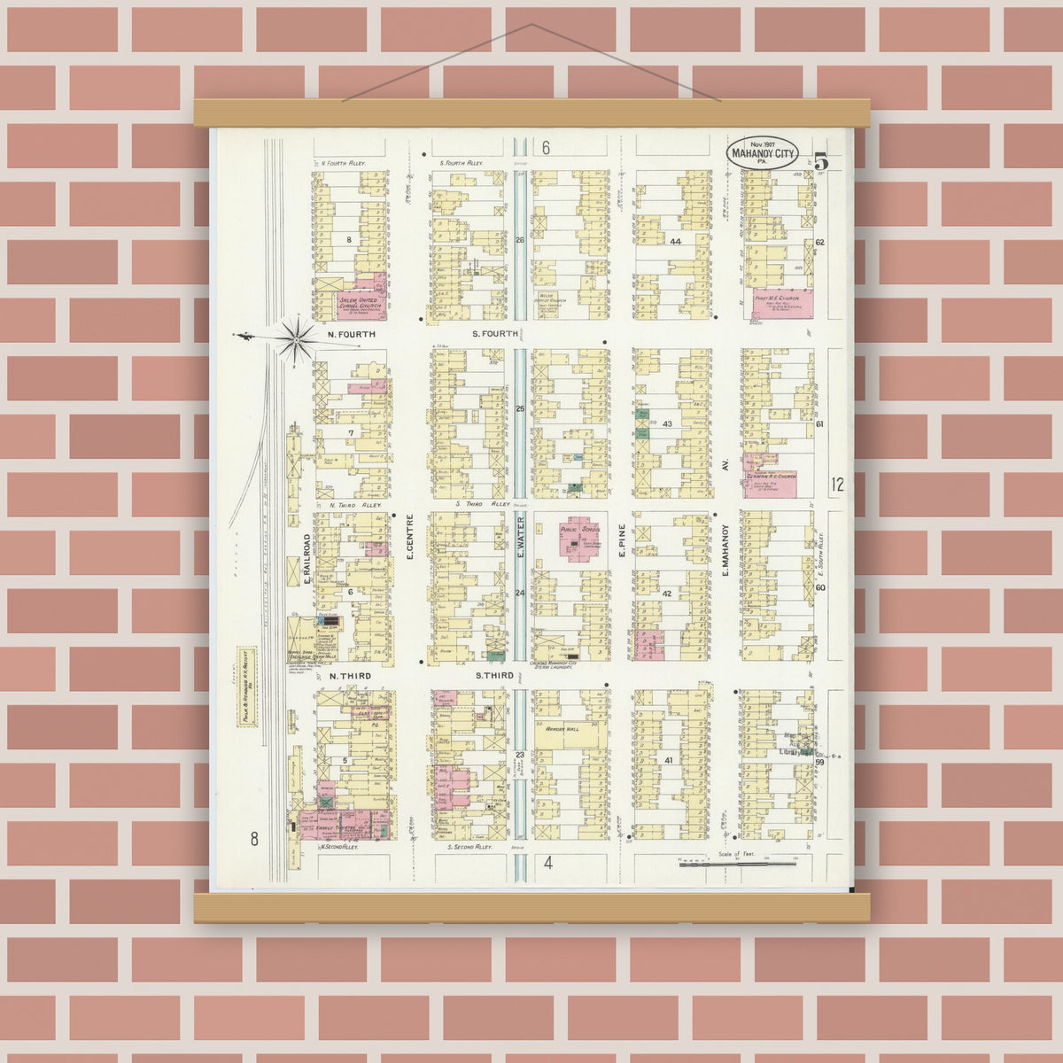 Old map wall art mockup — magnetic wood frame on brick wall — Sanborn Fire Insurance Map from Mahanoy City, Schuylkill County, Pennsylvania (1907), Sheet #0005