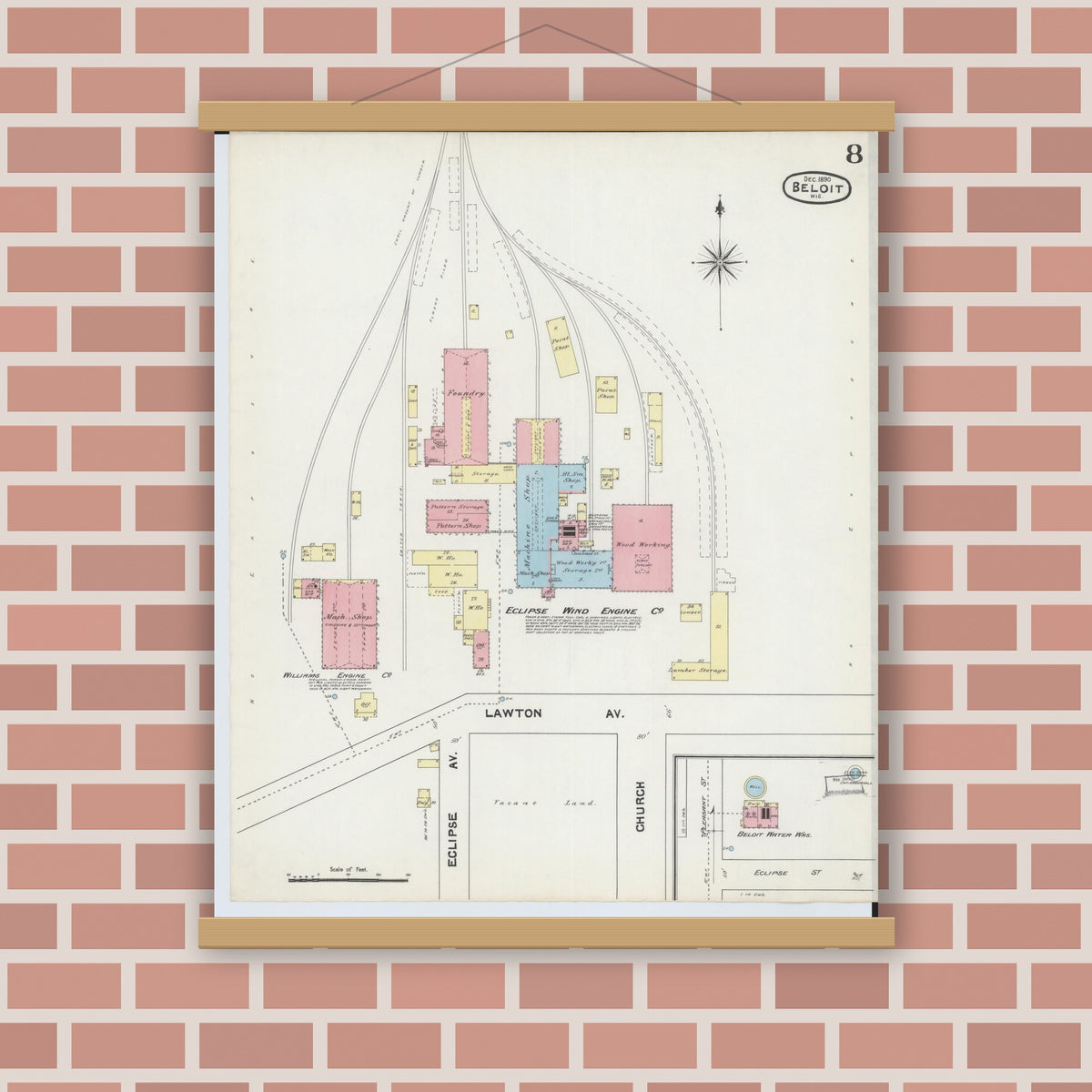Old map wall art mockup — magnetic wood frame on brick wall — Sanborn Fire Insurance Map from Beloit, Rock County, Wisconsin (1890), Sheet #0008