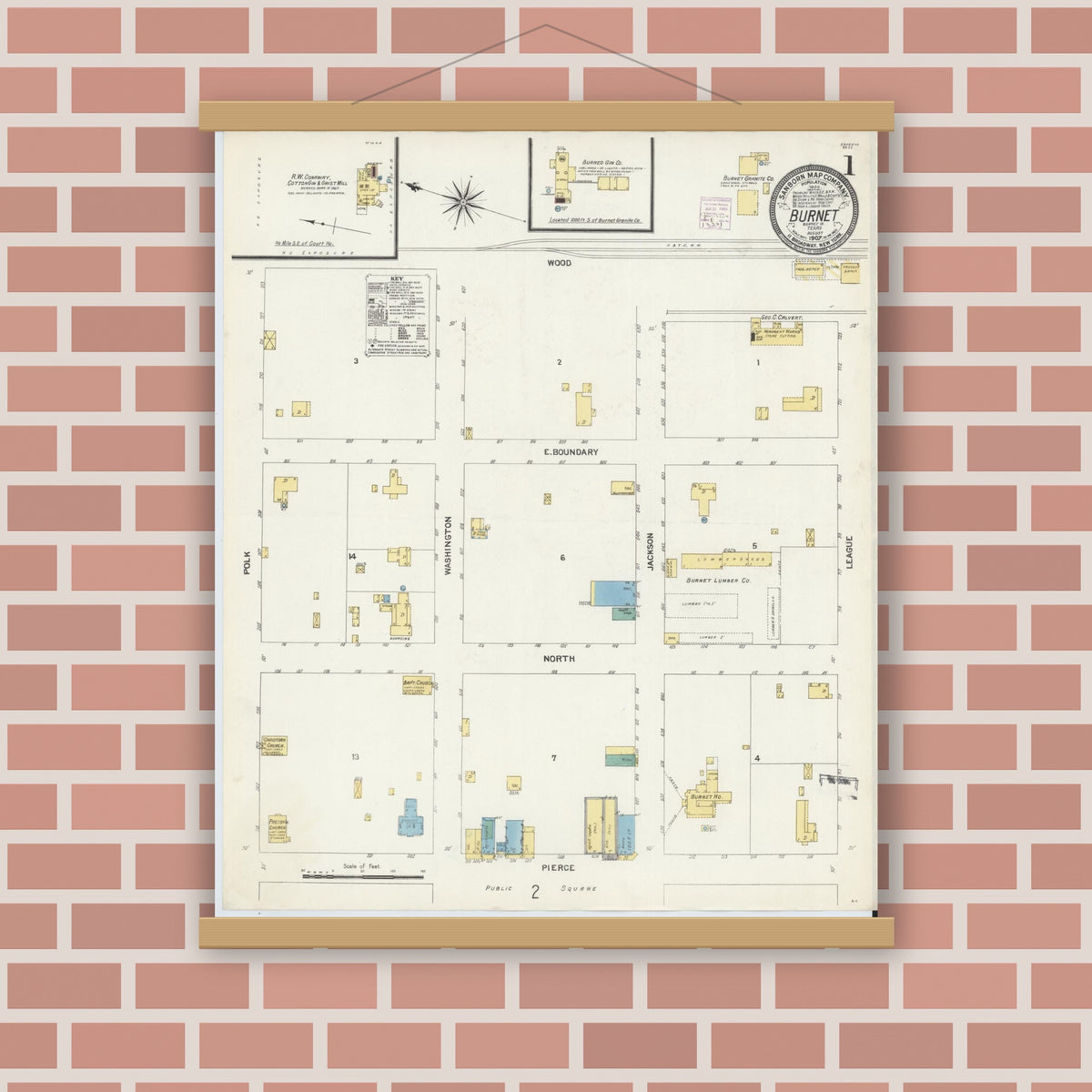 Old map wall art mockup — magnetic wood frame on brick wall — Sanborn Fire Insurance Map from Burnet, Burnet County, Texas (1907) - Complete Map Set