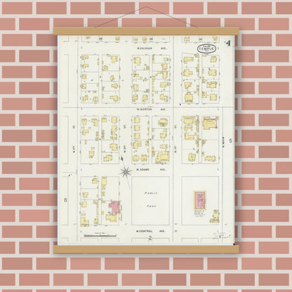 Old map wall art mockup — magnetic wood frame on brick wall — Sanborn Fire Insurance Map from Temple, Bell County, Texas (1896), Sheet #0004