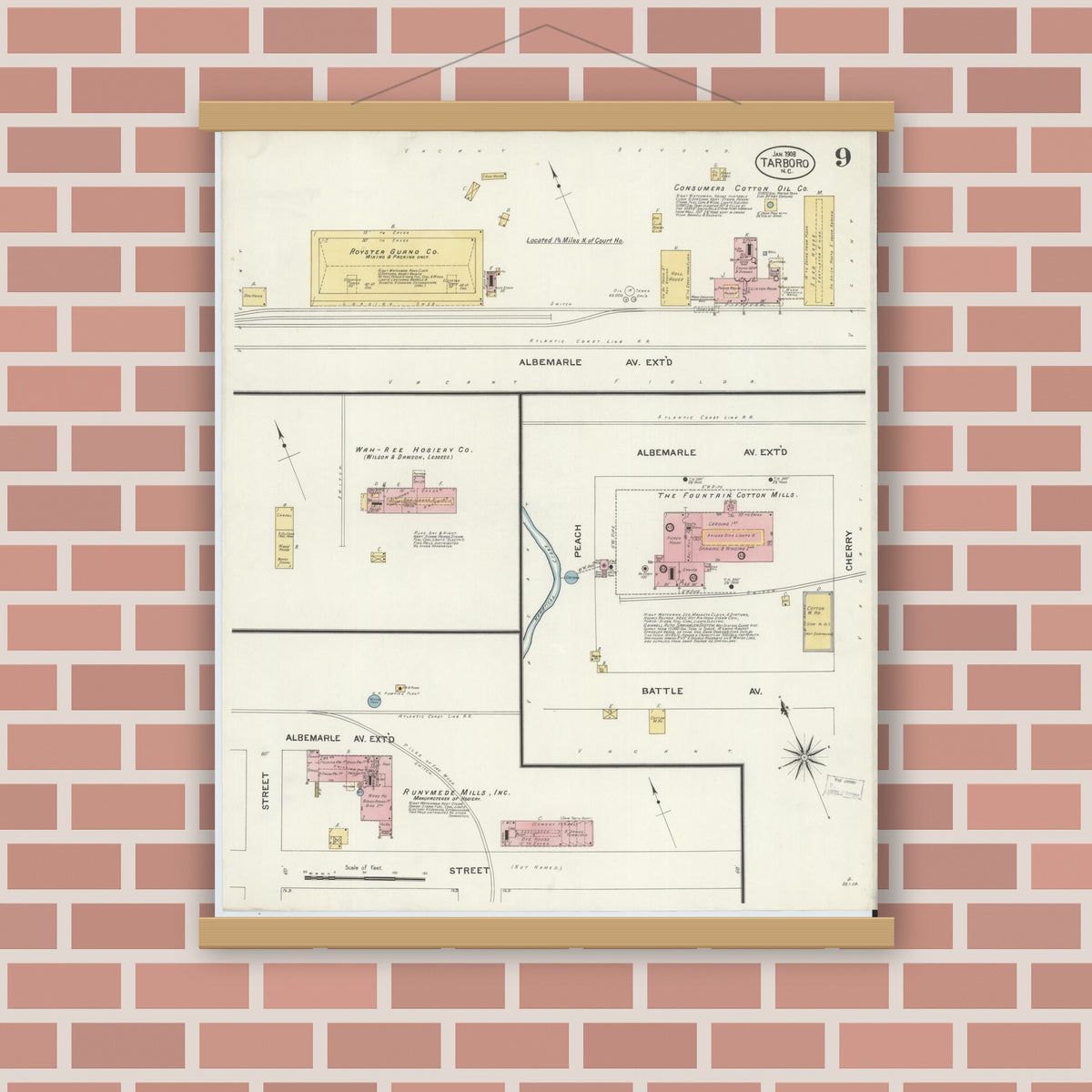 Old map wall art mockup — magnetic wood frame on brick wall — Sanborn Fire Insurance Map from Tarboro, Edgecombe County, North Carolina (1908), Sheet #0009