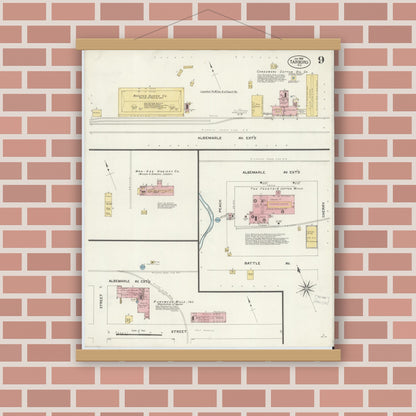 Old map wall art mockup — magnetic wood frame on brick wall — Sanborn Fire Insurance Map from Tarboro, Edgecombe County, North Carolina (1908), Sheet #0009