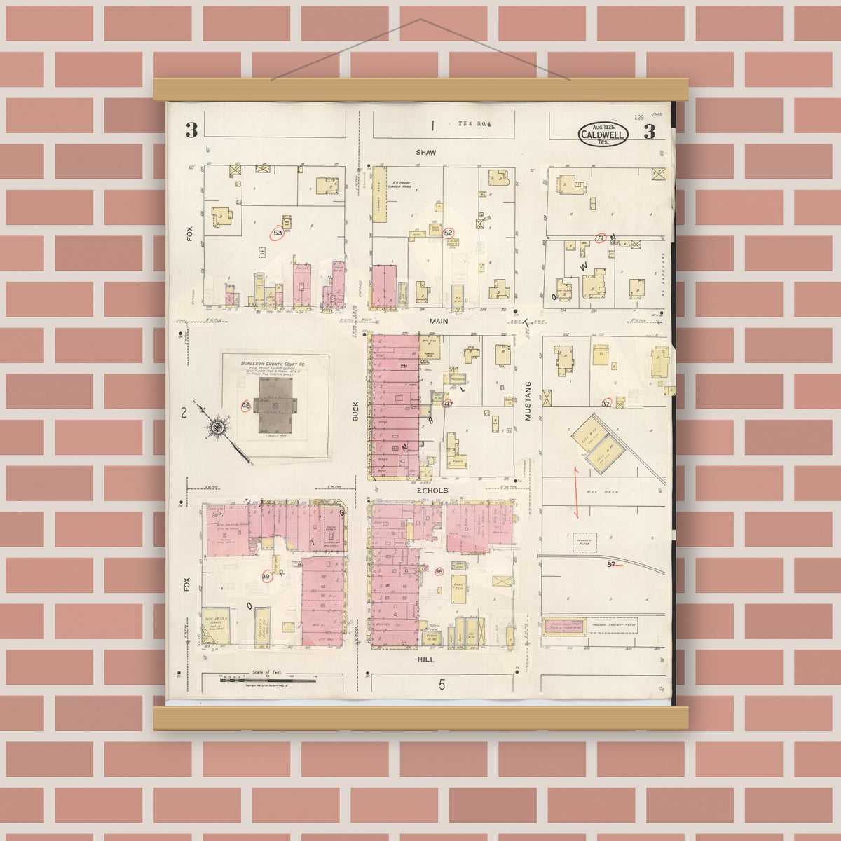 Old map wall art mockup — magnetic wood frame on brick wall — Sanborn Fire Insurance Map from Caldwell, Burleson County, Texas (1943), Sheet #0003