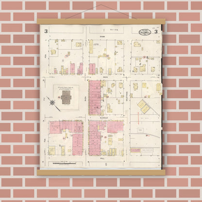 Old map wall art mockup — magnetic wood frame on brick wall — Sanborn Fire Insurance Map from Caldwell, Burleson County, Texas (1943), Sheet #0003