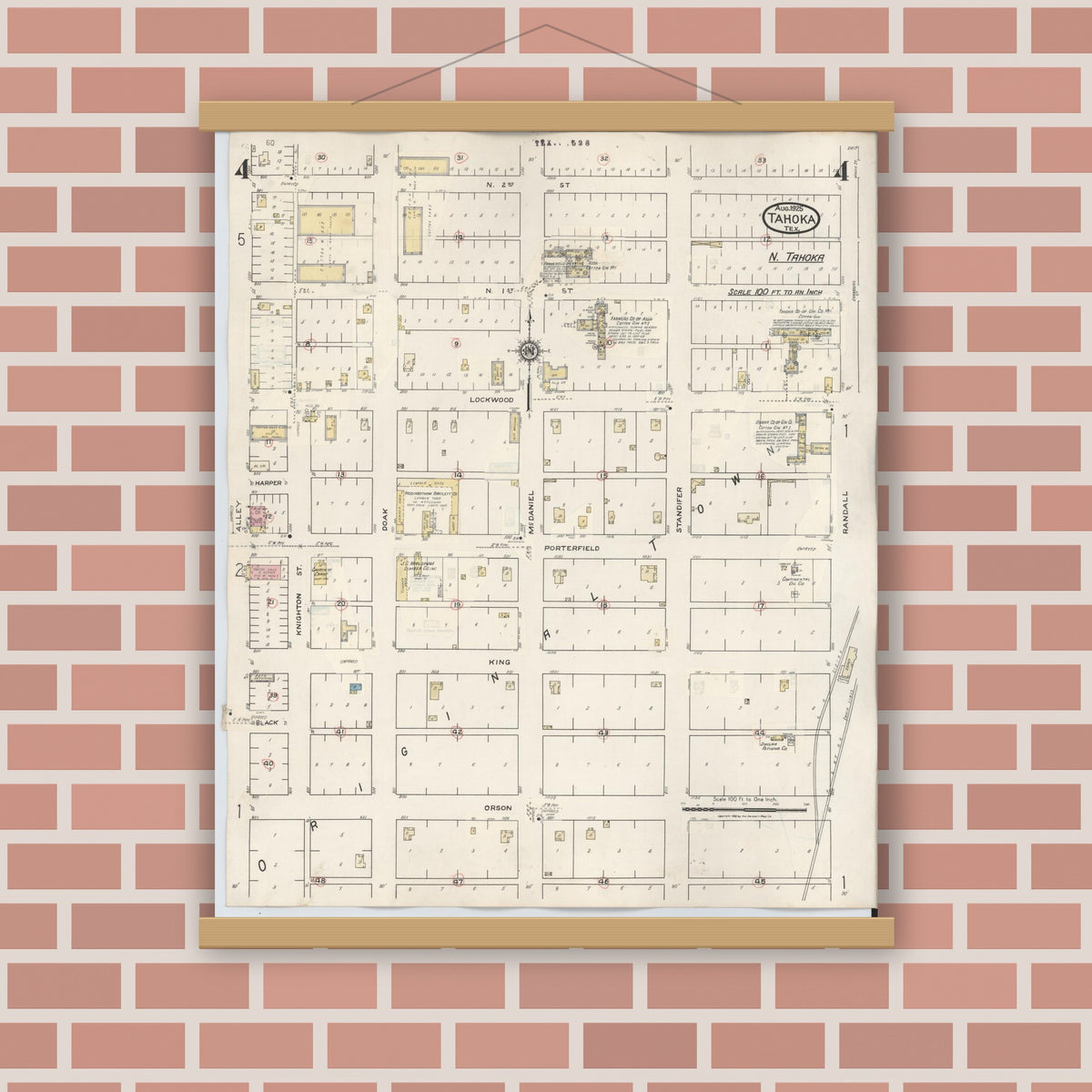 Old map wall art mockup — magnetic wood frame on brick wall — Sanborn Fire Insurance Map from Tahoka, Lynn County, Texas (1941), Sheet #0004
