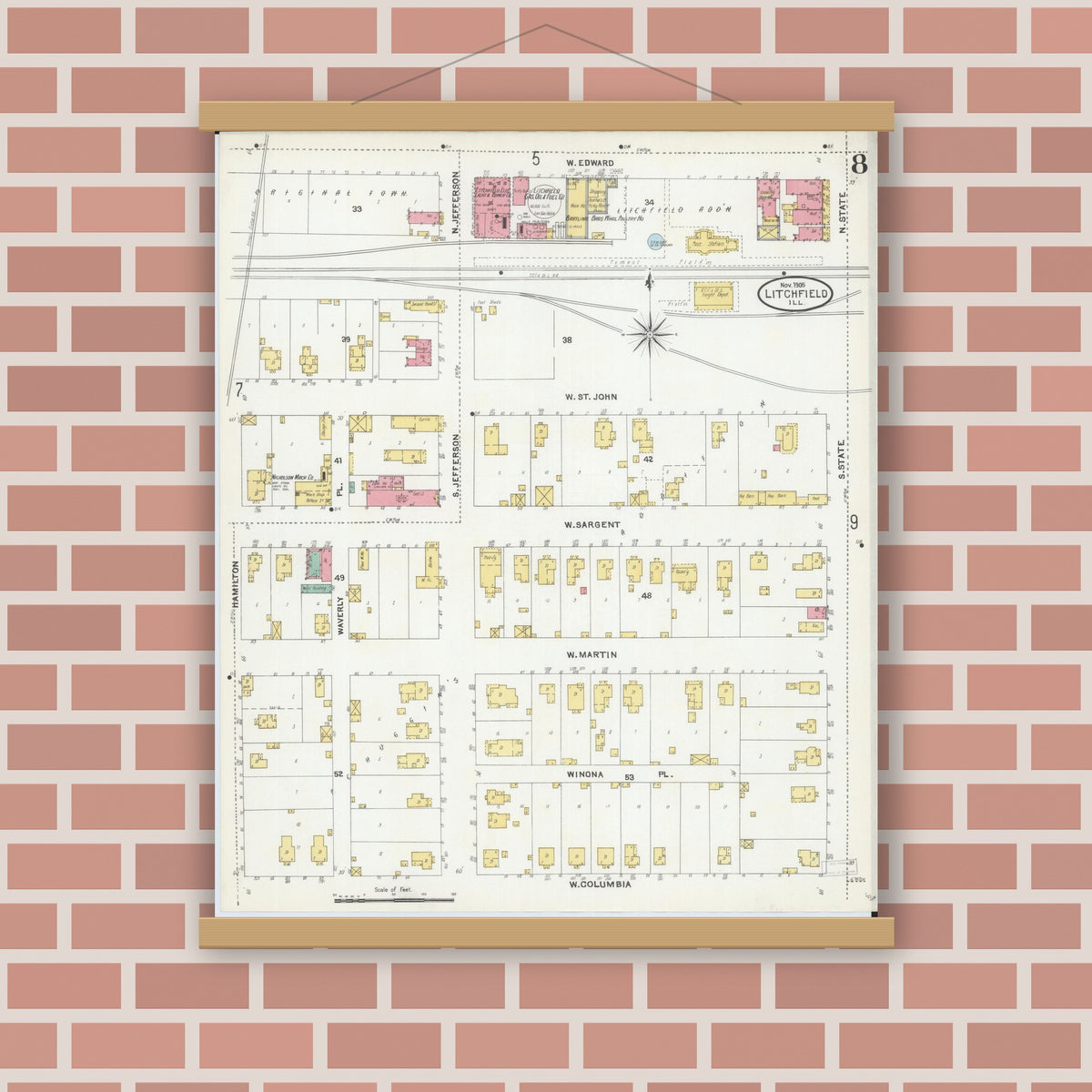 Old map wall art mockup — magnetic wood frame on brick wall — Sanborn Fire Insurance Map from Litchfield, Montgomery County, Illinois (1905), Sheet #0008