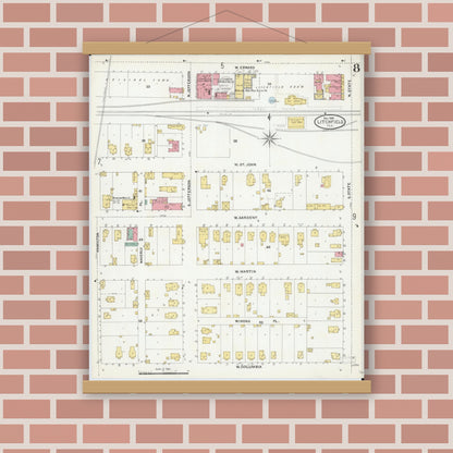 Old map wall art mockup — magnetic wood frame on brick wall — Sanborn Fire Insurance Map from Litchfield, Montgomery County, Illinois (1905), Sheet #0008