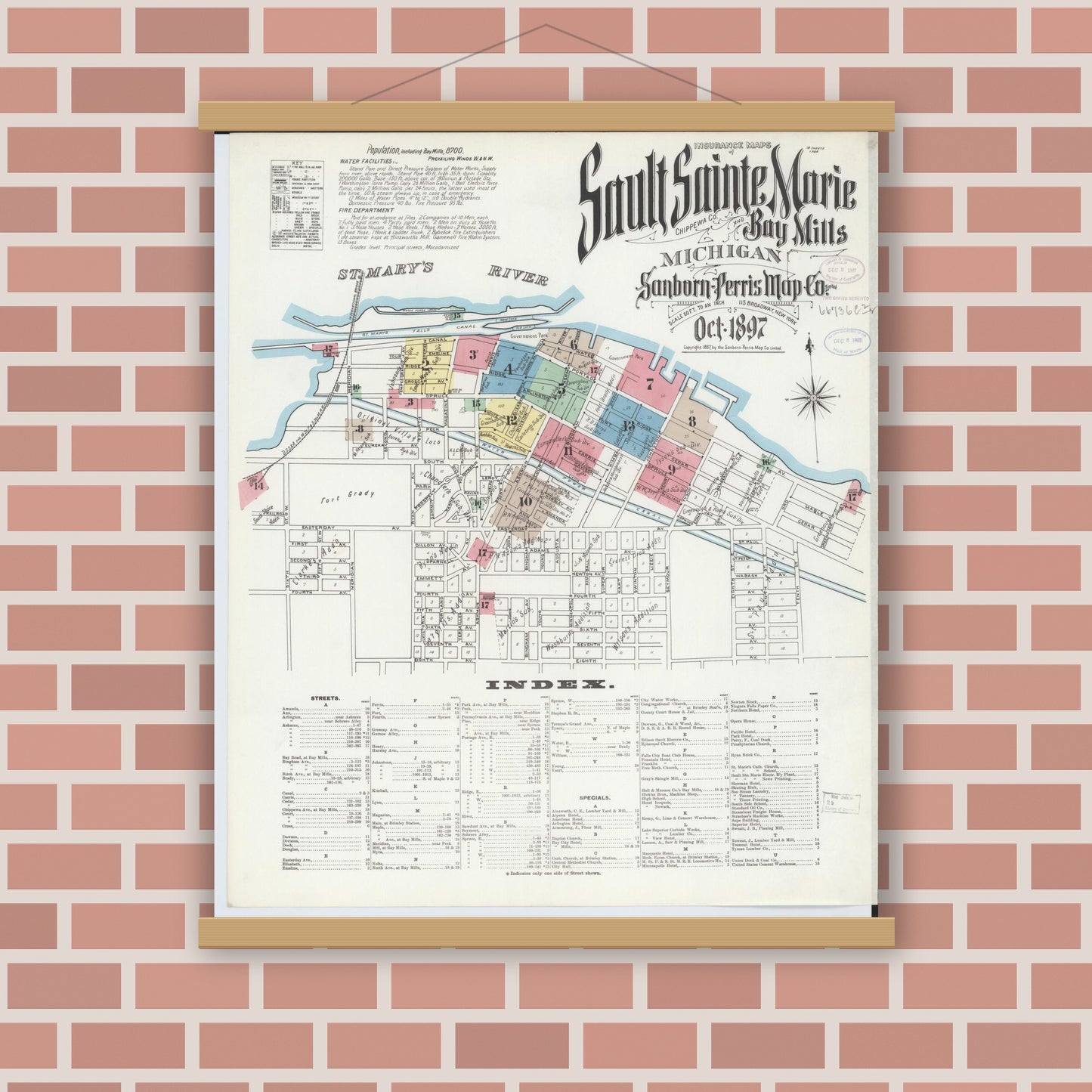 Old map wall art mockup — magnetic wood frame on brick wall — Sanborn Fire Insurance Map from Sault Sainte Marie, Chippewa County, Michigan (1897) - Complete Map Set