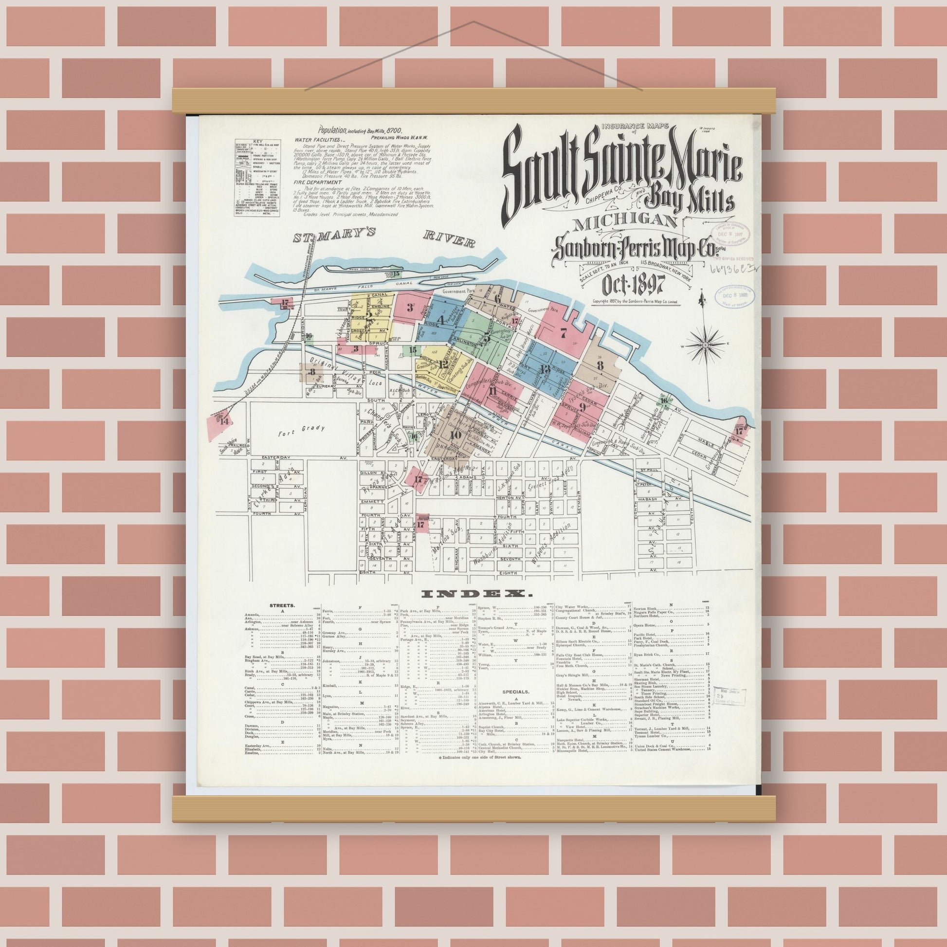 Old map wall art mockup — magnetic wood frame on brick wall — Sanborn Fire Insurance Map from Sault Sainte Marie, Chippewa County, Michigan (1897) - Complete Map Set