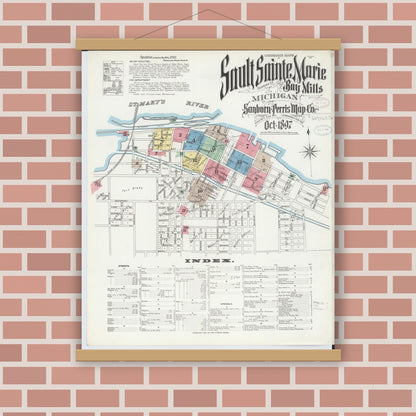 Old map wall art mockup — magnetic wood frame on brick wall — Sanborn Fire Insurance Map from Sault Sainte Marie, Chippewa County, Michigan (1897) - Complete Map Set