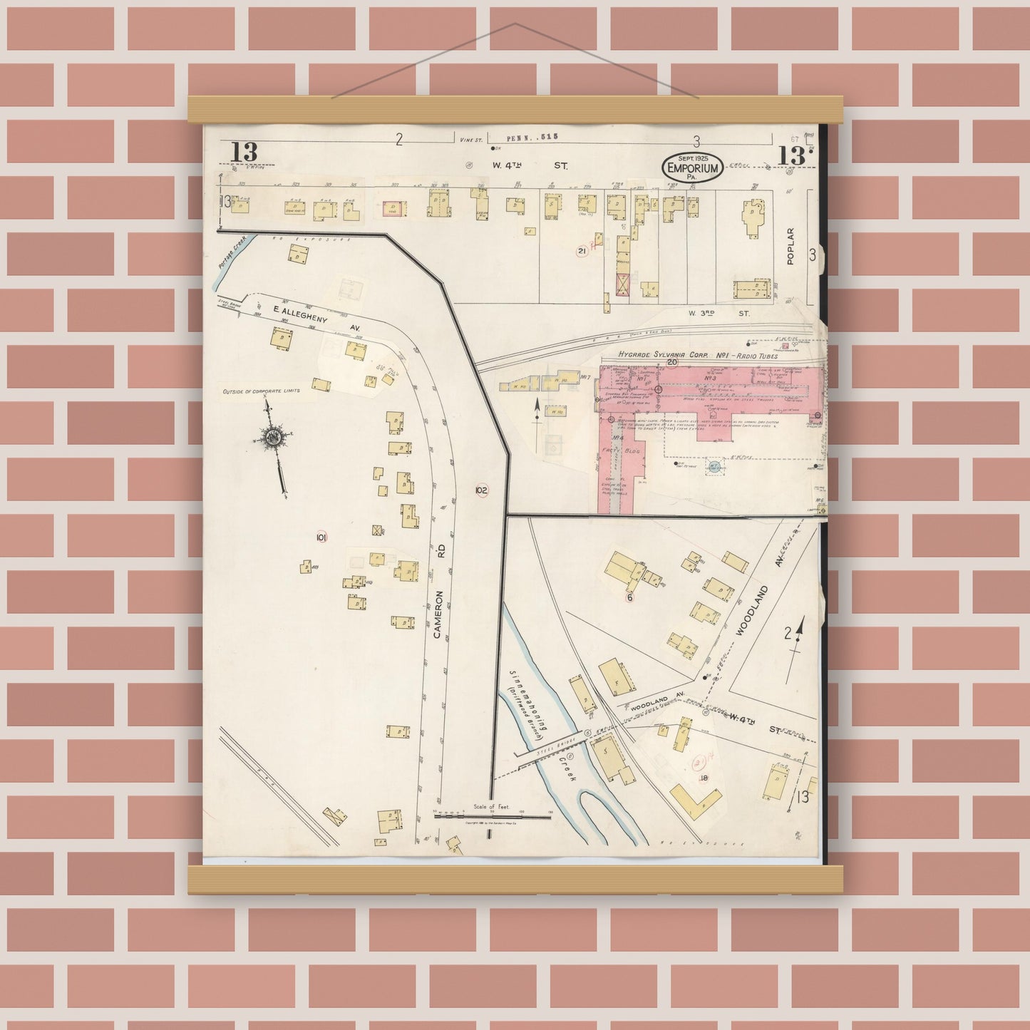 Old map wall art mockup — magnetic wood frame on brick wall — Sanborn Fire Insurance Map from Emporium, Cameron County, Pennsylvania (1938), Sheet #0013