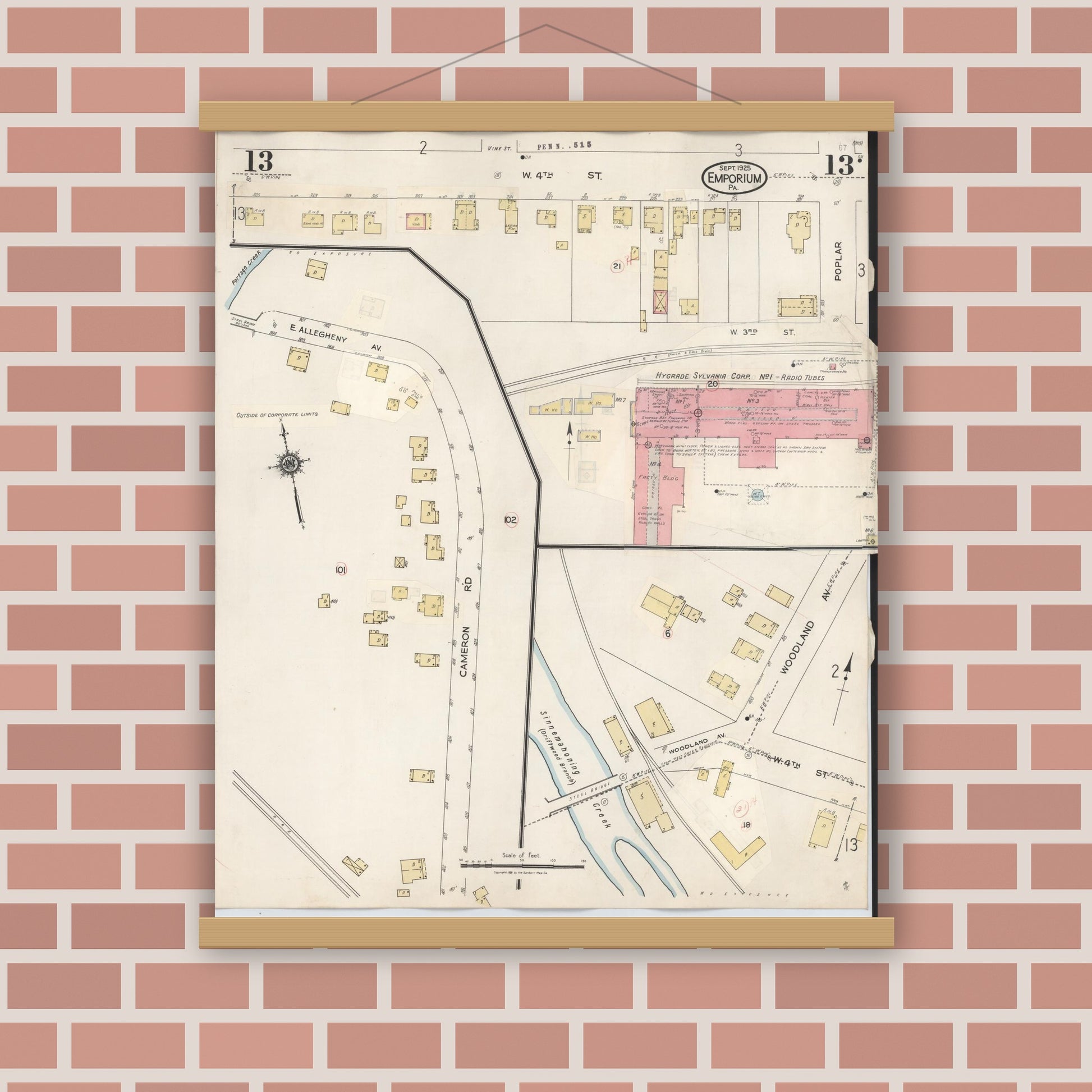 Old map wall art mockup — magnetic wood frame on brick wall — Sanborn Fire Insurance Map from Emporium, Cameron County, Pennsylvania (1938), Sheet #0013