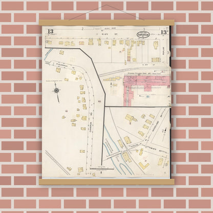 Old map wall art mockup — magnetic wood frame on brick wall — Sanborn Fire Insurance Map from Emporium, Cameron County, Pennsylvania (1938), Sheet #0013