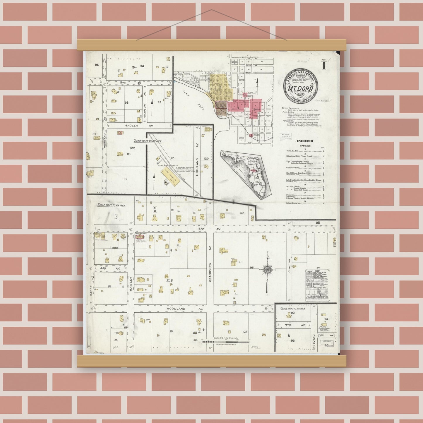 Old map wall art mockup — magnetic wood frame on brick wall — Sanborn Fire Insurance Map from Mount Dora, Lake County, Florida (1920) - Complete Map Set