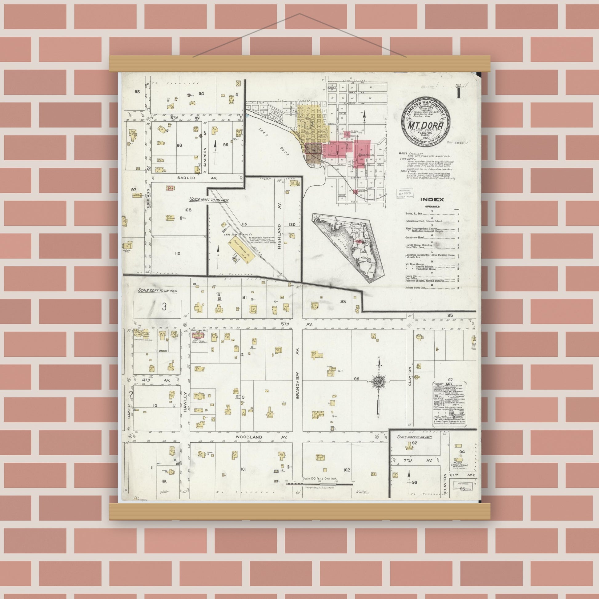 Old map wall art mockup — magnetic wood frame on brick wall — Sanborn Fire Insurance Map from Mount Dora, Lake County, Florida (1920) - Complete Map Set