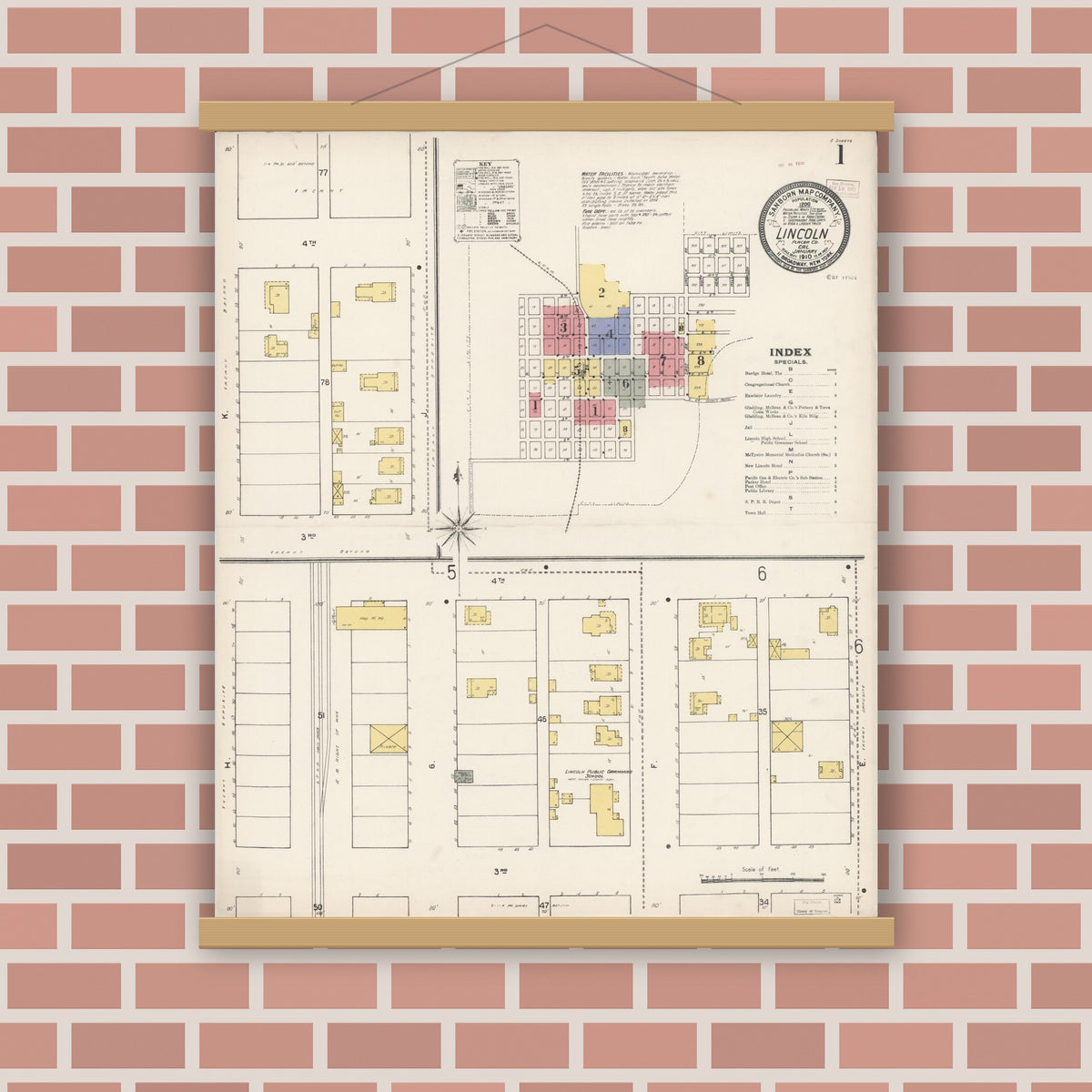 Old map wall art mockup — magnetic wood frame on brick wall — Sanborn Fire Insurance Map from Lincoln, Placer County, California (1910) - Complete Map Set