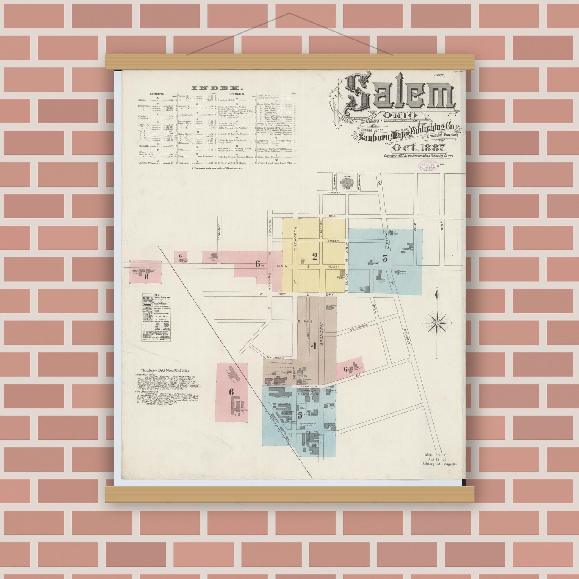 Old map wall art mockup — magnetic wood frame on brick wall — Sanborn Fire Insurance Map from Salem, Columbiana County, Ohio (1887) - Complete Map Set