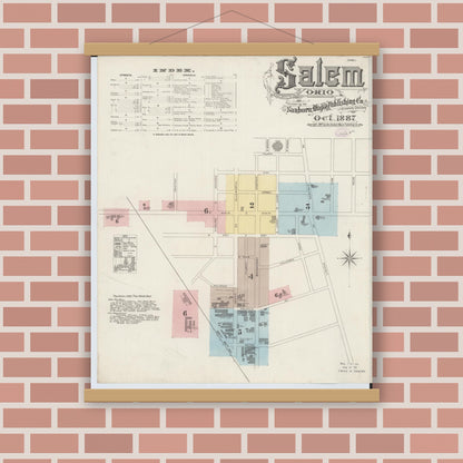 Old map wall art mockup — magnetic wood frame on brick wall — Sanborn Fire Insurance Map from Salem, Columbiana County, Ohio (1887) - Complete Map Set