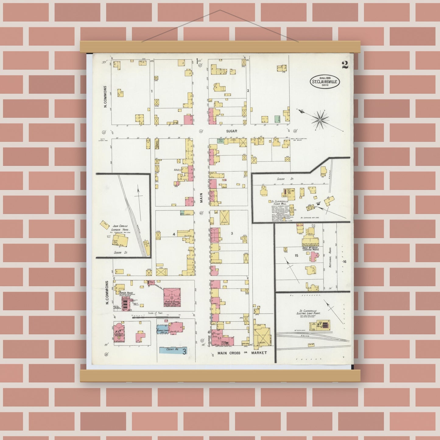 Old map wall art mockup — magnetic wood frame on brick wall — Sanborn Fire Insurance Map from Saint Clairsville, Belmont County, Ohio (1899), Sheet #0002