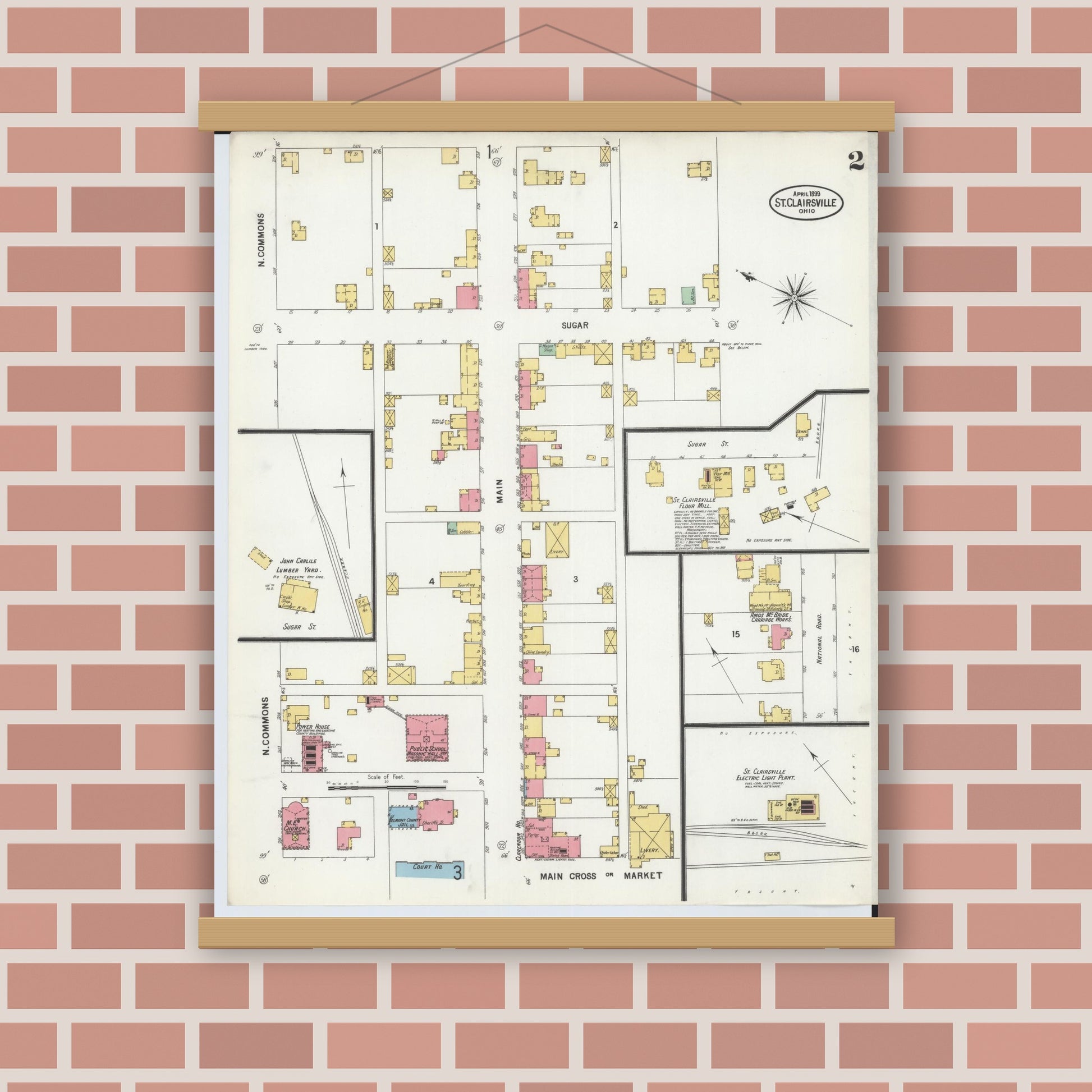 Old map wall art mockup — magnetic wood frame on brick wall — Sanborn Fire Insurance Map from Saint Clairsville, Belmont County, Ohio (1899), Sheet #0002
