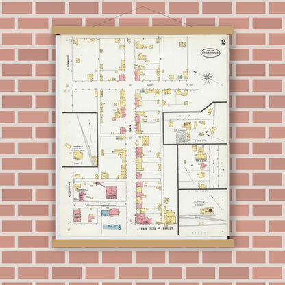 Old map wall art mockup — magnetic wood frame on brick wall — Sanborn Fire Insurance Map from Saint Clairsville, Belmont County, Ohio (1899), Sheet #0002