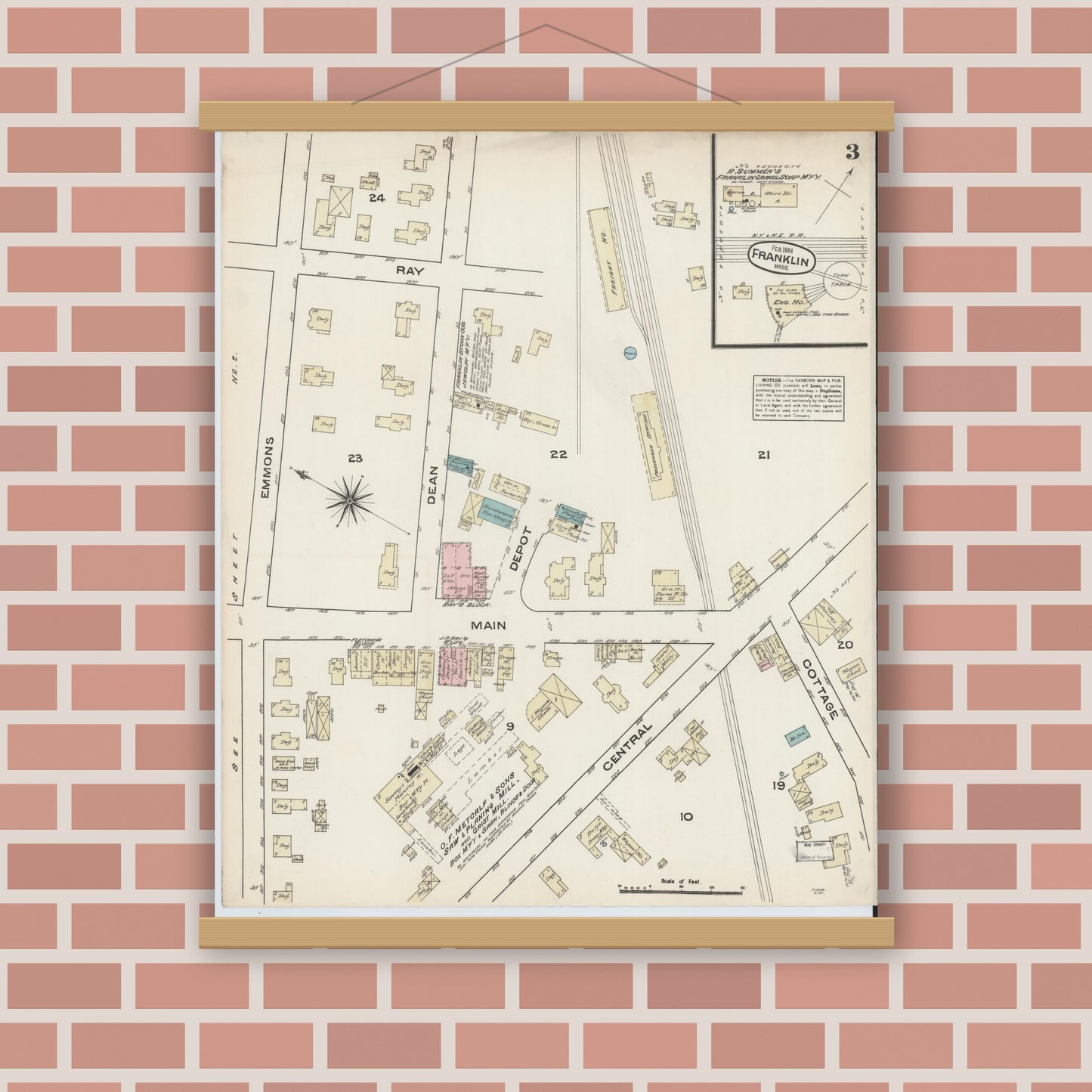Old map wall art mockup — magnetic wood frame on brick wall — Sanborn Fire Insurance Map from Franklin, Norfolk County, Massachusetts (1884), Sheet #0003