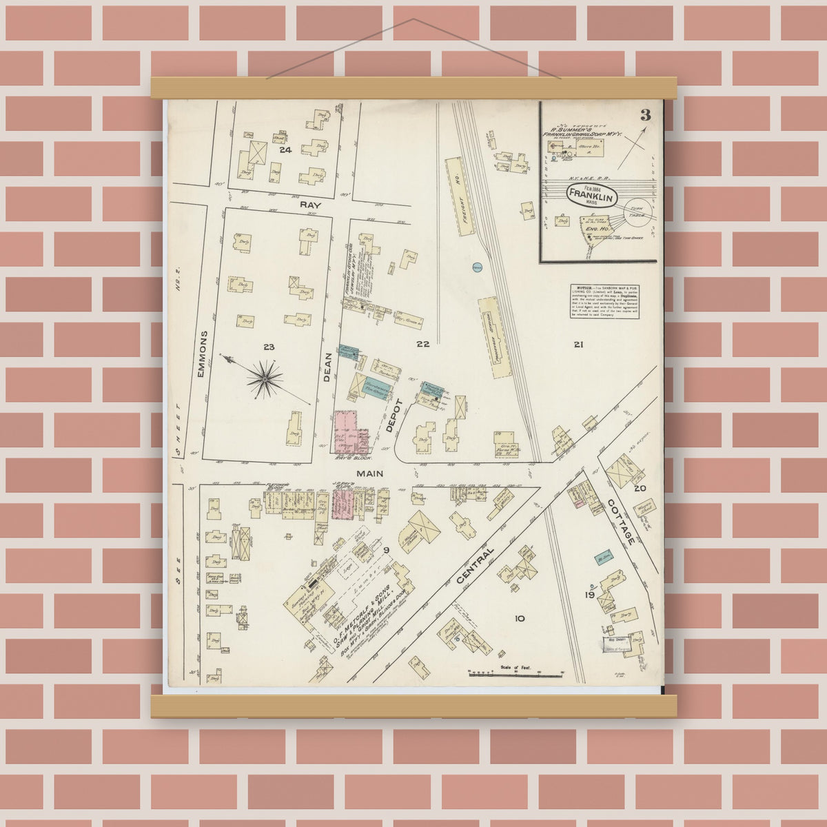 Old map wall art mockup — magnetic wood frame on brick wall — Sanborn Fire Insurance Map from Franklin, Norfolk County, Massachusetts (1884), Sheet #0003