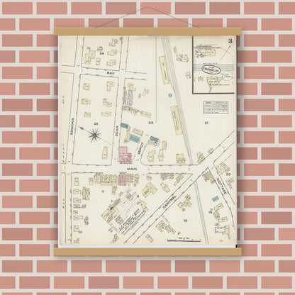 Old map wall art mockup — magnetic wood frame on brick wall — Sanborn Fire Insurance Map from Franklin, Norfolk County, Massachusetts (1884), Sheet #0003