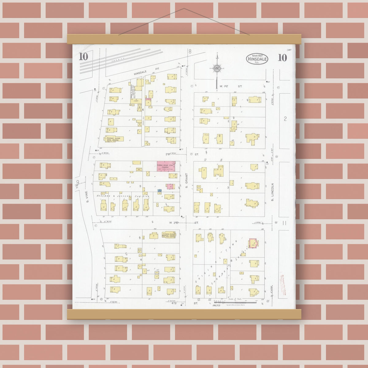 Old map wall art mockup — magnetic wood frame on brick wall — Sanborn Fire Insurance Map from Hinsdale, Du Page And Cook Counties, Illinois (1927), Sheet #0010