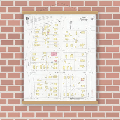 Old map wall art mockup — magnetic wood frame on brick wall — Sanborn Fire Insurance Map from Hinsdale, Du Page And Cook Counties, Illinois (1927), Sheet #0010