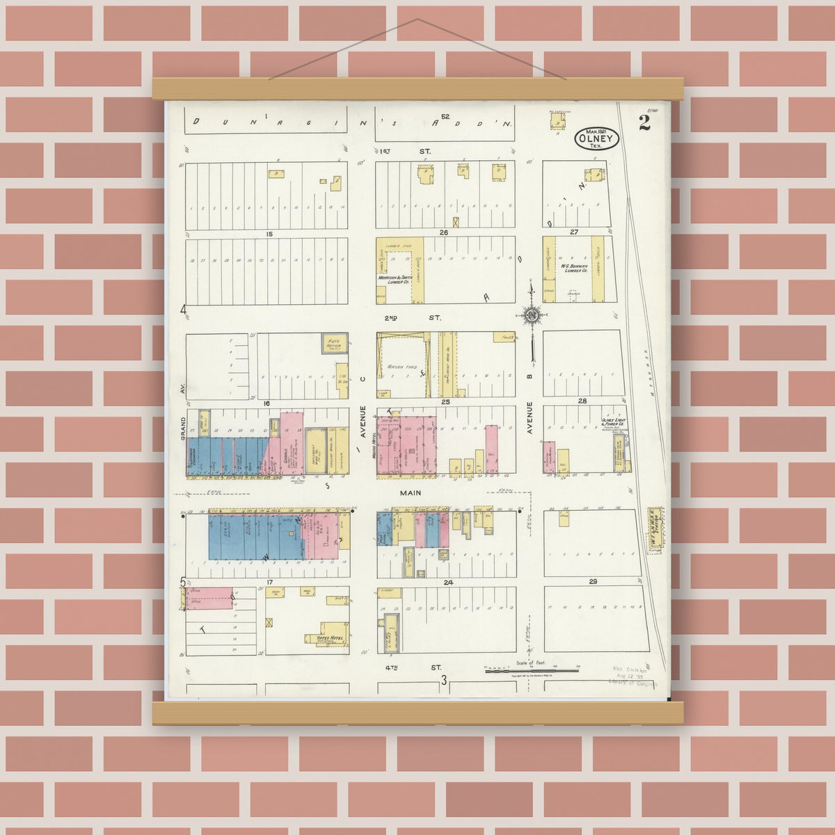 Old map wall art mockup — magnetic wood frame on brick wall — Sanborn Fire Insurance Map from Olney, Young County, Texas (1921), Sheet #0002