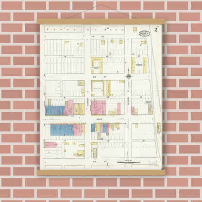 Old map wall art mockup — magnetic wood frame on brick wall — Sanborn Fire Insurance Map from Olney, Young County, Texas (1921), Sheet #0002