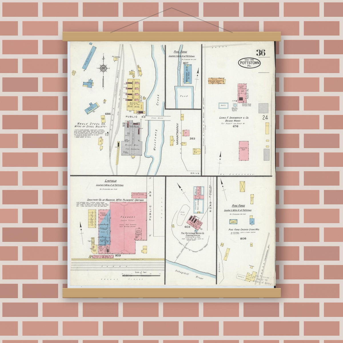 Old map wall art mockup — magnetic wood frame on brick wall — Sanborn Fire Insurance Map from Pottstown, Montgomery County, Pennsylvania (1916), Sheet #0036