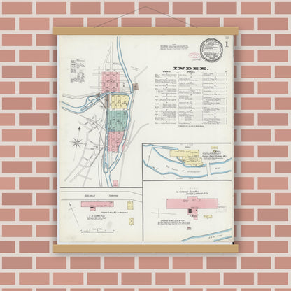 Old map wall art mockup — magnetic wood frame on brick wall — Sanborn Fire Insurance Map from Honesdale, Wayne County, Pennsylvania (1892), Sheet #0001