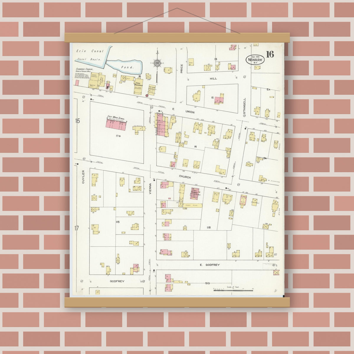 Old map wall art mockup — magnetic wood frame on brick wall — Sanborn Fire Insurance Map from Newark, Wayne County, New York (1912), Sheet #0016