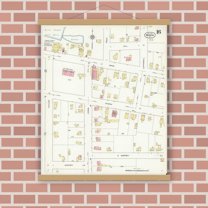 Old map wall art mockup — magnetic wood frame on brick wall — Sanborn Fire Insurance Map from Newark, Wayne County, New York (1912), Sheet #0016
