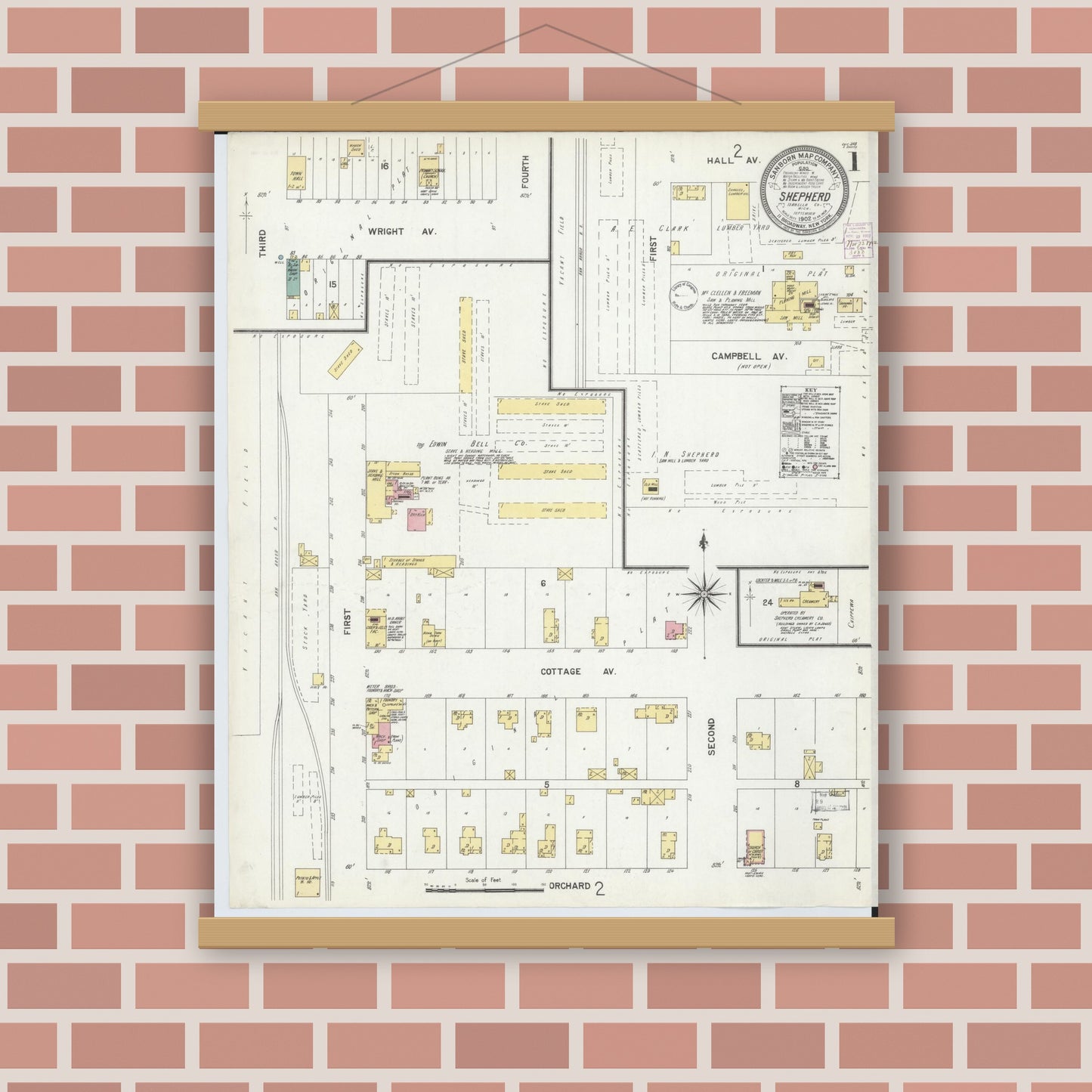 Old map wall art mockup — magnetic wood frame on brick wall — Sanborn Fire Insurance Map from Shepherd, Isabella County, Michigan (1902) - Complete Map Set