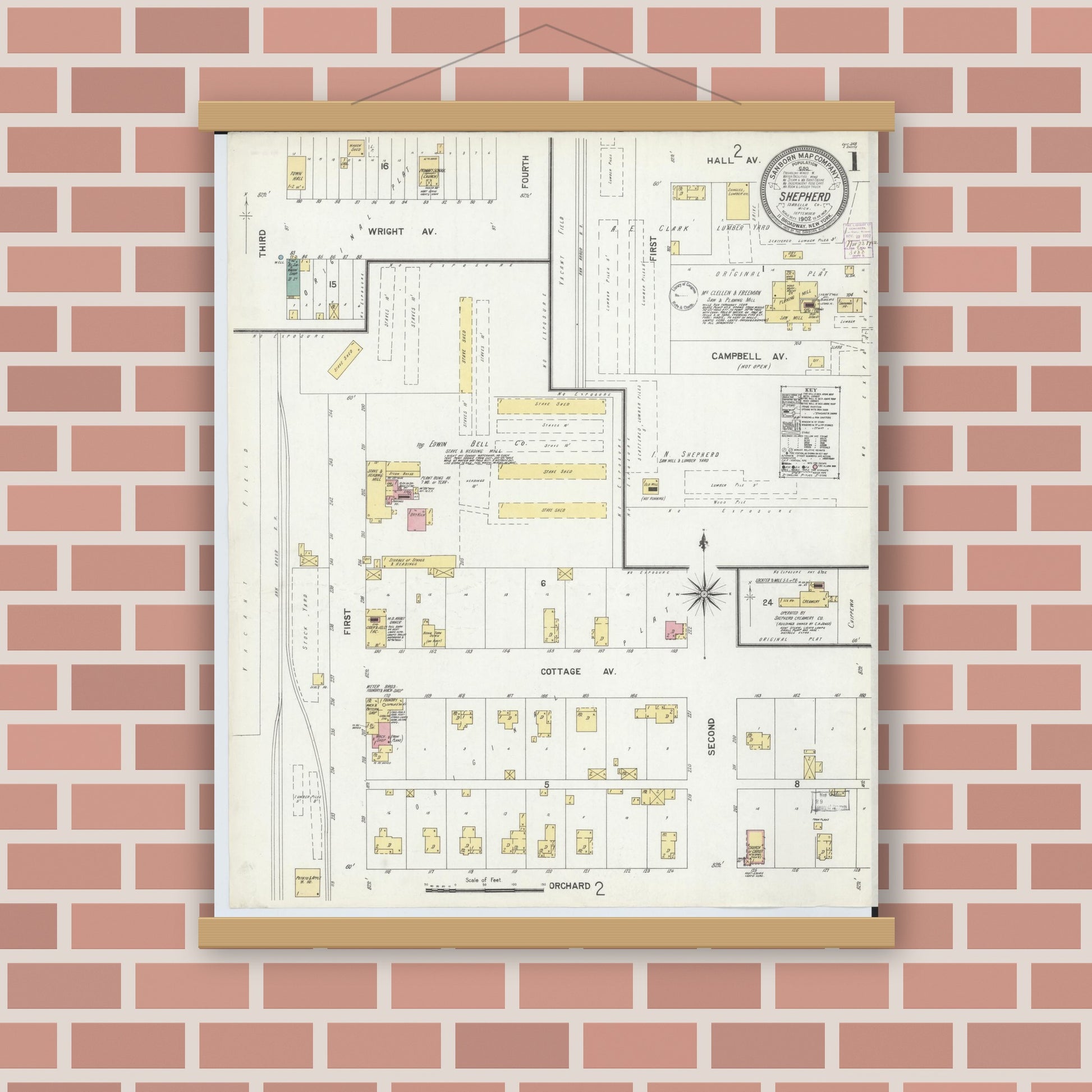 Old map wall art mockup — magnetic wood frame on brick wall — Sanborn Fire Insurance Map from Shepherd, Isabella County, Michigan (1902) - Complete Map Set