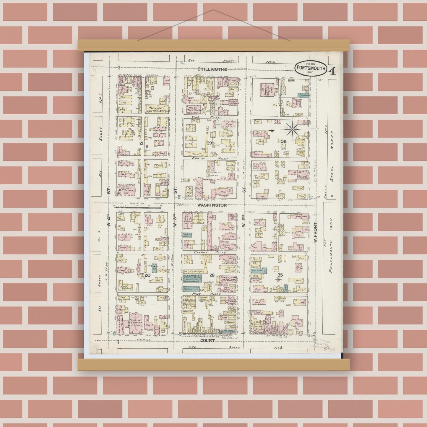 Old map wall art mockup — magnetic wood frame on brick wall — Sanborn Fire Insurance Map from Portsmouth, Scioto County, Ohio (1887), Sheet #0004