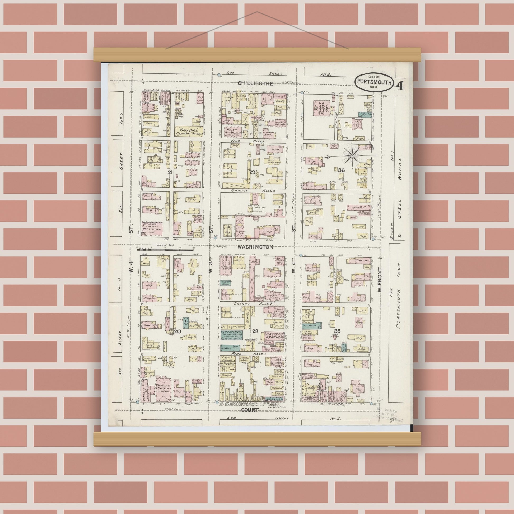 Old map wall art mockup — magnetic wood frame on brick wall — Sanborn Fire Insurance Map from Portsmouth, Scioto County, Ohio (1887), Sheet #0004