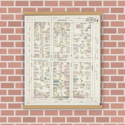 Old map wall art mockup — magnetic wood frame on brick wall — Sanborn Fire Insurance Map from Portsmouth, Scioto County, Ohio (1887), Sheet #0004