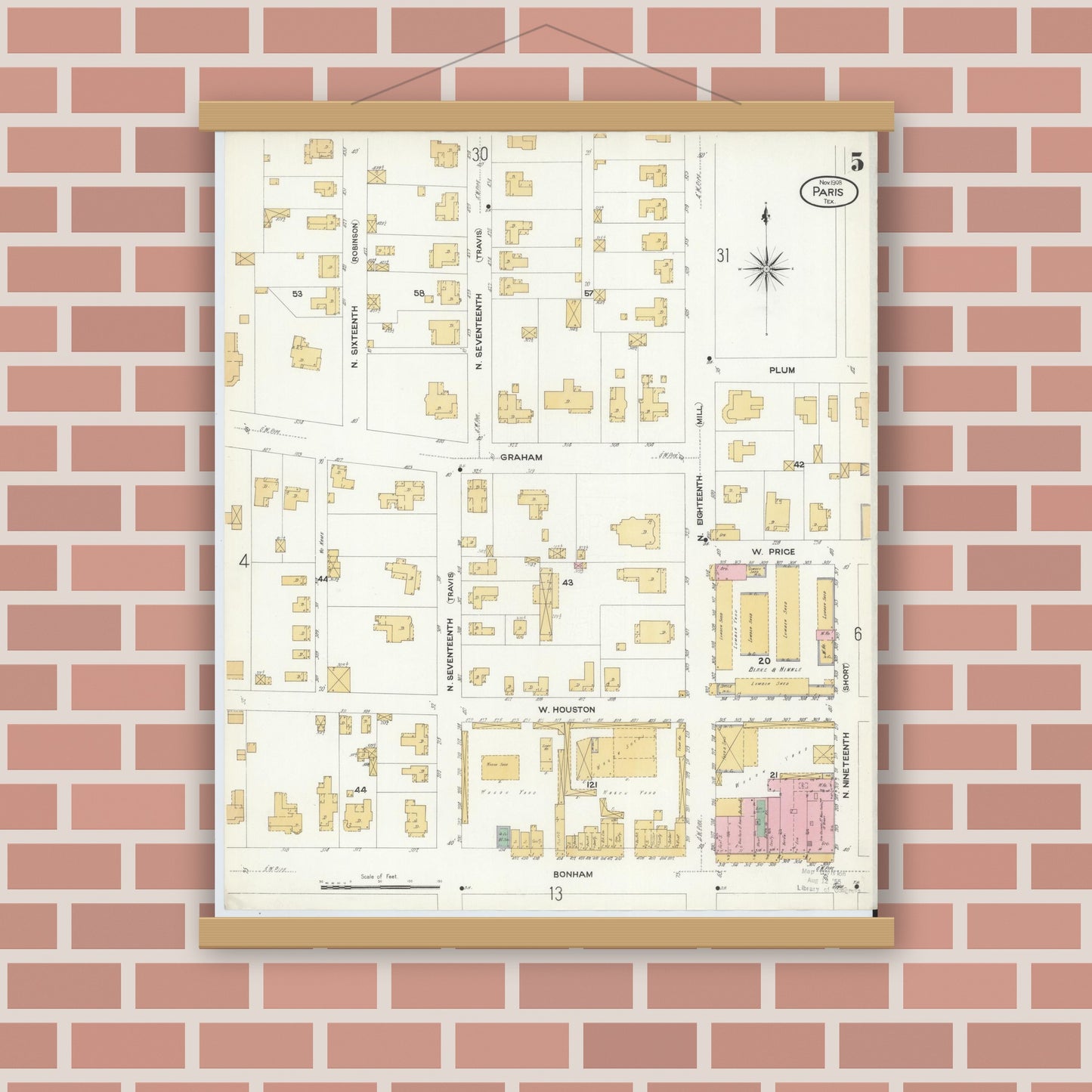 Old map wall art mockup — magnetic wood frame on brick wall — Sanborn Fire Insurance Map from Paris, Lamar County, Texas (1908), Sheet #0005