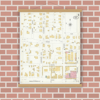 Old map wall art mockup — magnetic wood frame on brick wall — Sanborn Fire Insurance Map from Paris, Lamar County, Texas (1908), Sheet #0005