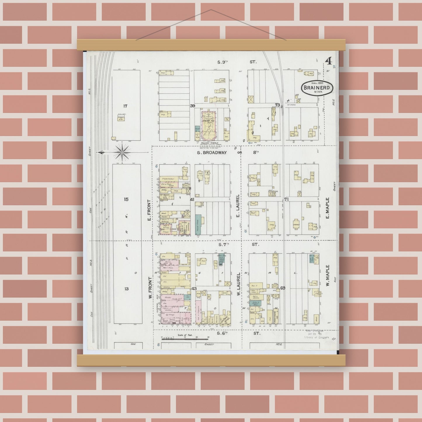Old map wall art mockup — magnetic wood frame on brick wall — Sanborn Fire Insurance Map from Brainerd, Crow Wing County, Minnesota (1889), Sheet #0004