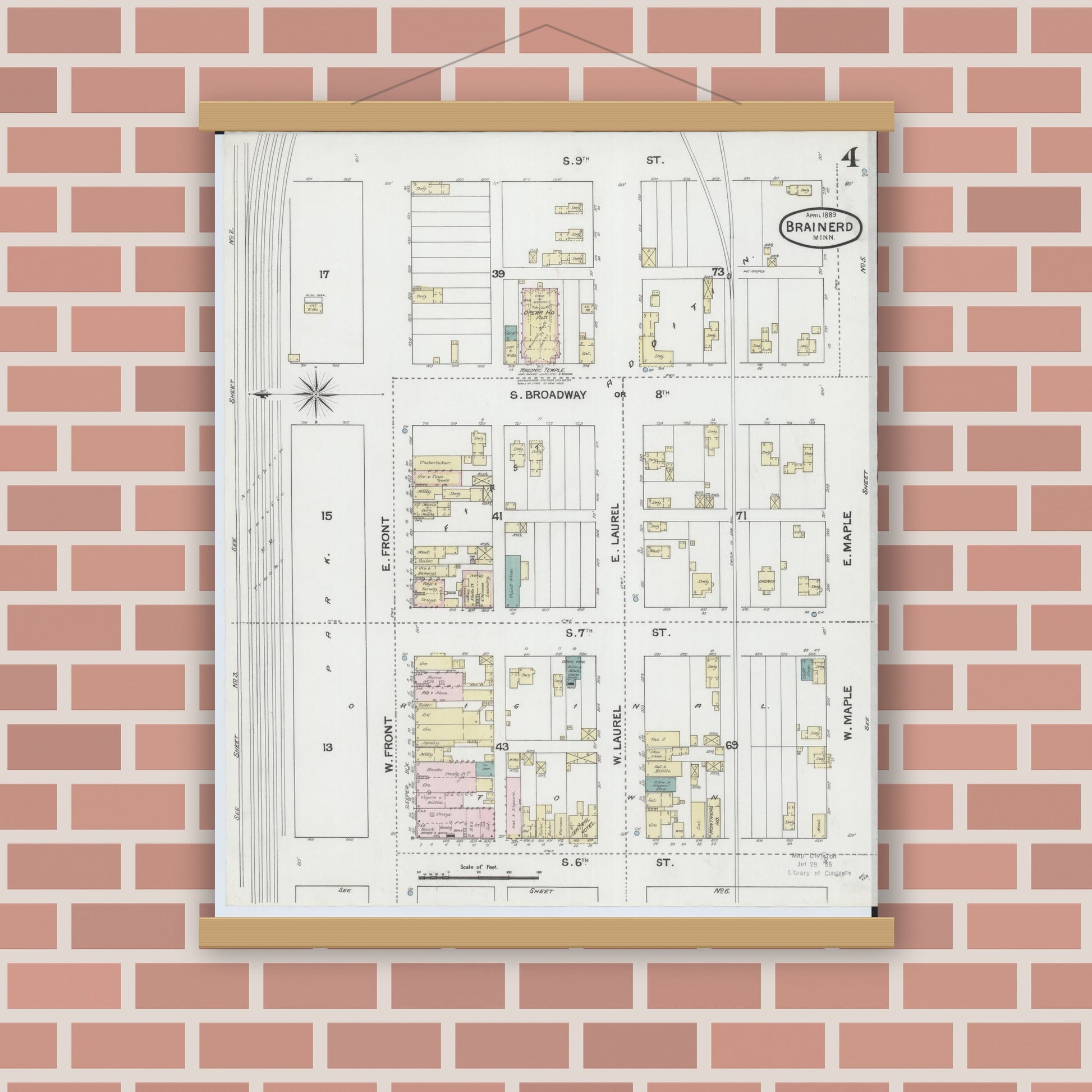 Old map wall art mockup — magnetic wood frame on brick wall — Sanborn Fire Insurance Map from Brainerd, Crow Wing County, Minnesota (1889), Sheet #0004