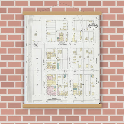 Old map wall art mockup — magnetic wood frame on brick wall — Sanborn Fire Insurance Map from Brainerd, Crow Wing County, Minnesota (1889), Sheet #0004