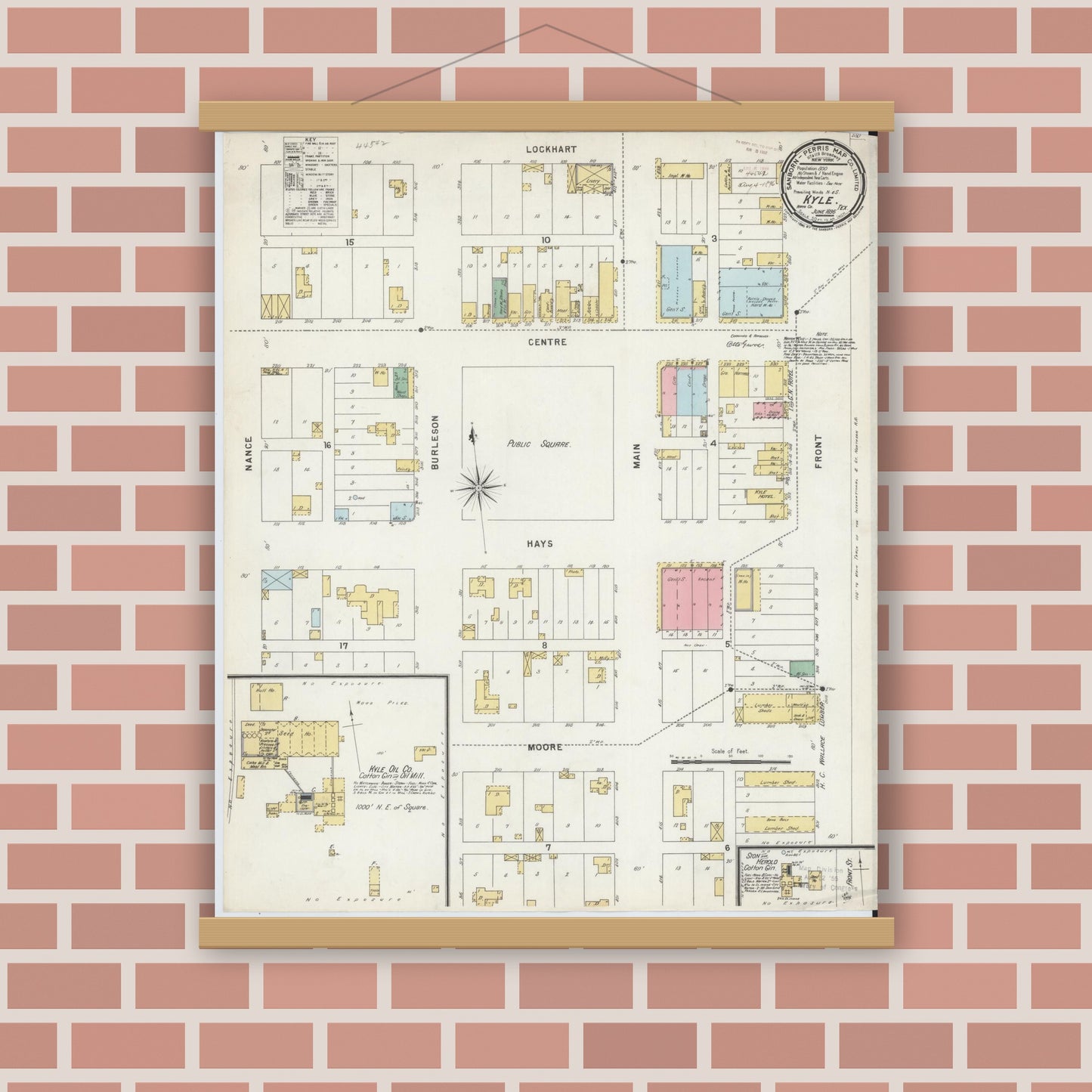 Old map wall art mockup — magnetic wood frame on brick wall — Sanborn Fire Insurance Map from Kyle, Hays County, Texas (1896), Sheet #0001