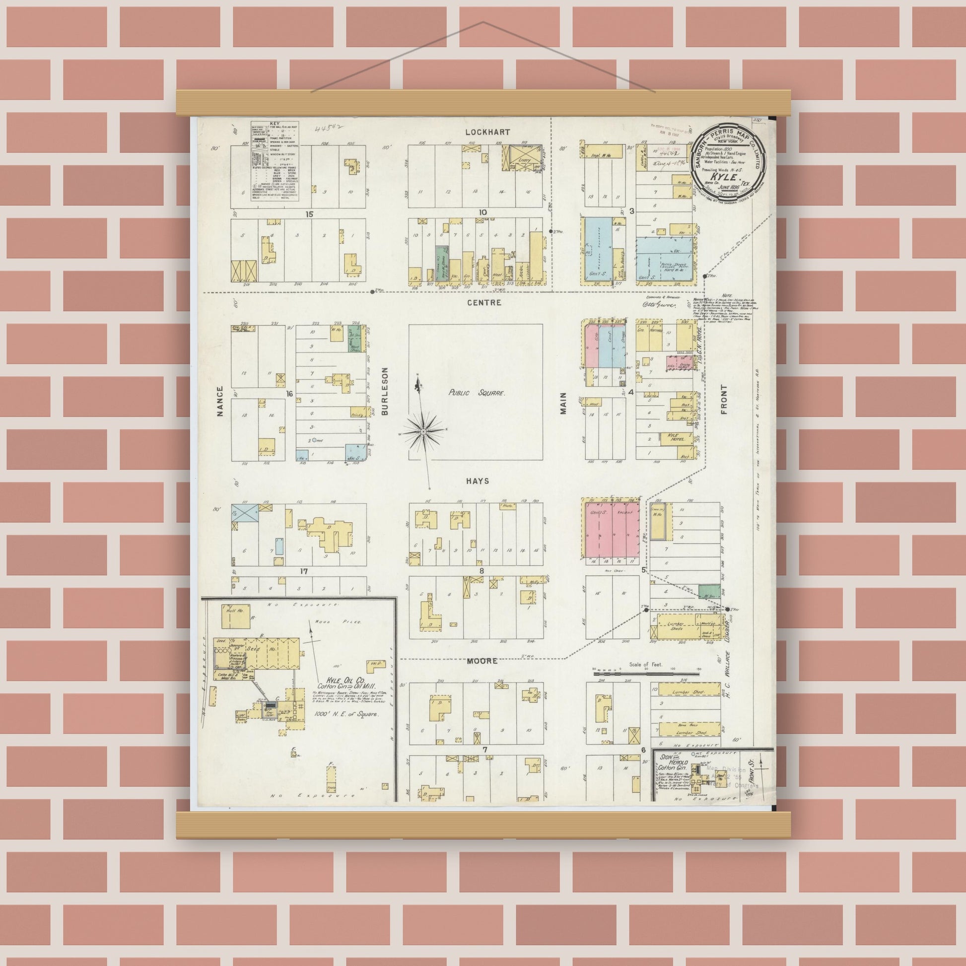 Old map wall art mockup — magnetic wood frame on brick wall — Sanborn Fire Insurance Map from Kyle, Hays County, Texas (1896), Sheet #0001