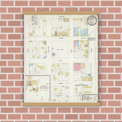 Old map wall art mockup — magnetic wood frame on brick wall — Sanborn Fire Insurance Map from Kyle, Hays County, Texas (1896), Sheet #0001